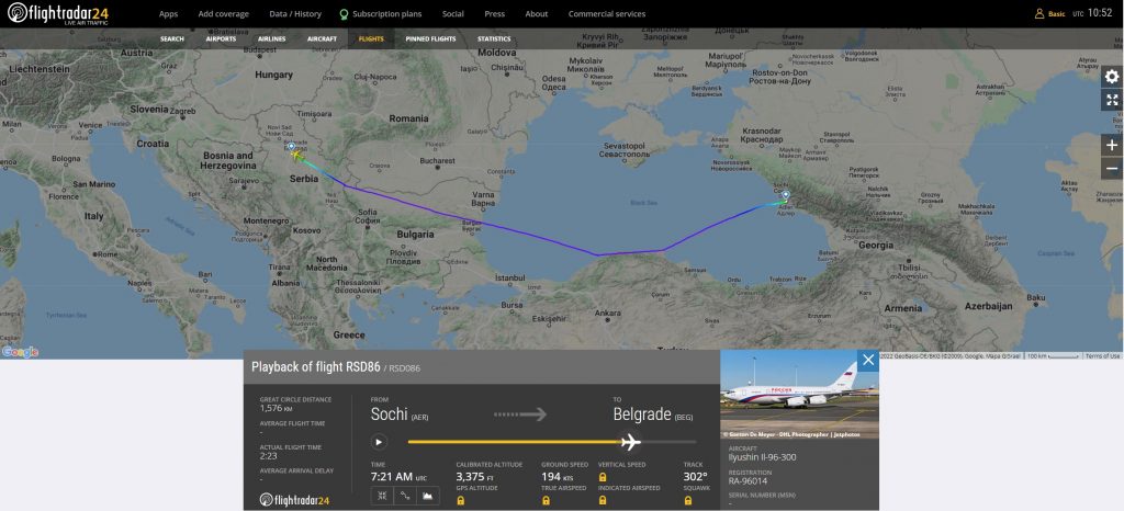 Руски државен авион преку Бугарија слета во Белград