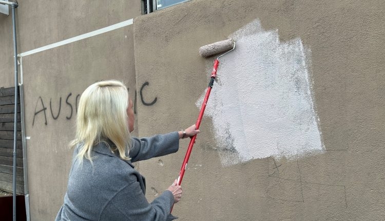 Американската амбасадорка во Скопје се фати за валјак, префарба антисемитски графит во Бардовци