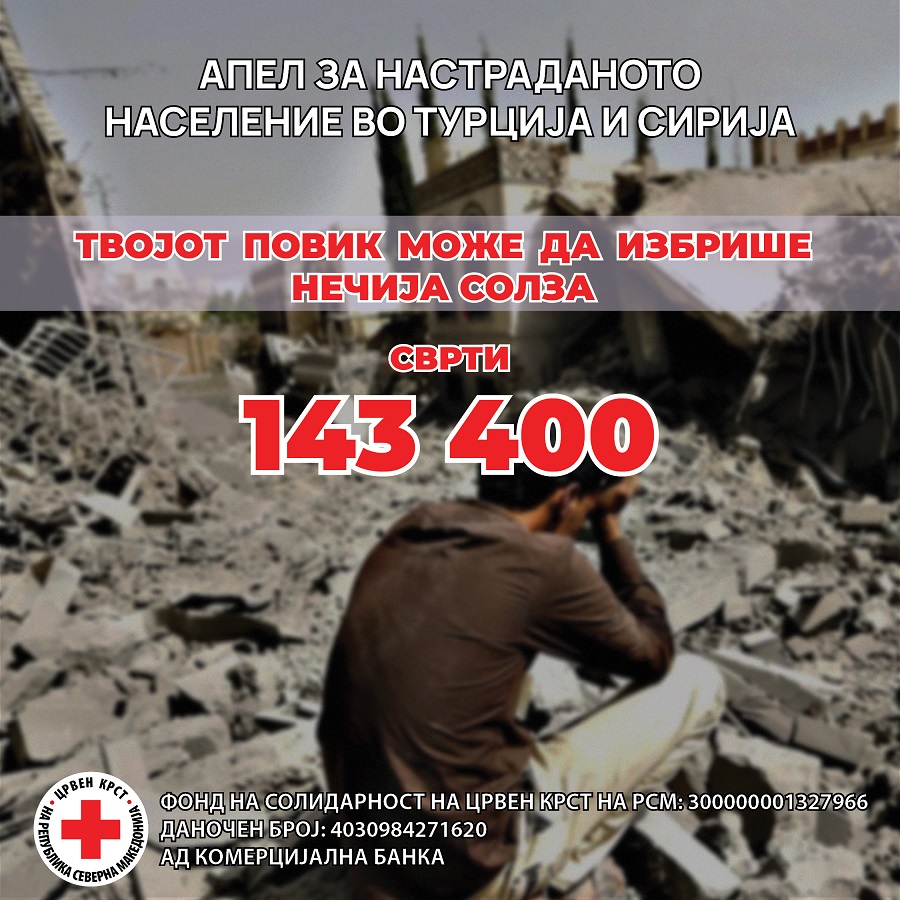 Собрани 16.095.831 денари за настраданото население погодено од катастрофалниот земјотрес во Турција и Сирија