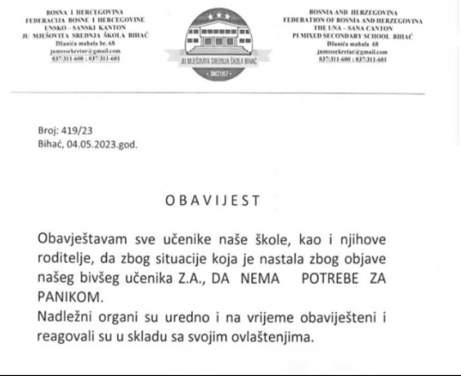 БиХ: Момче од Бихаќ најави масакр во училиште како вчерашниот во Белград, веднаш пријавен во МВР