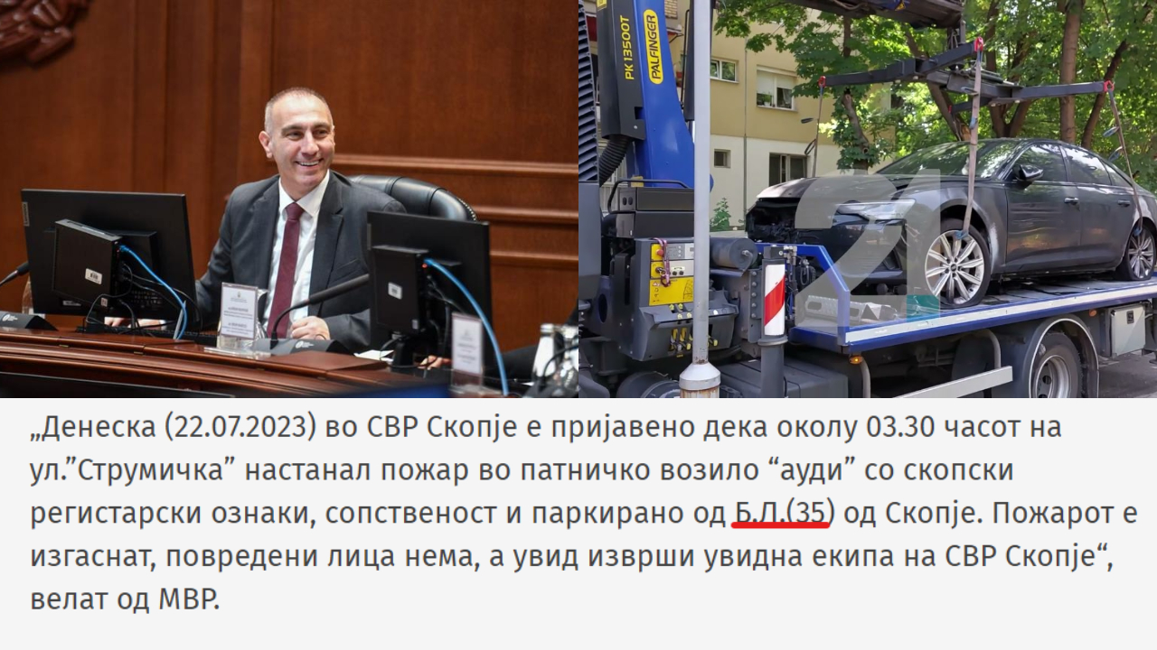 ВМРО-ДПМНЕ: Возилото на Груби кое беше запалено пред неговиот дом не е пријавено во анкетен лист, тоа е клучното во овој скандал