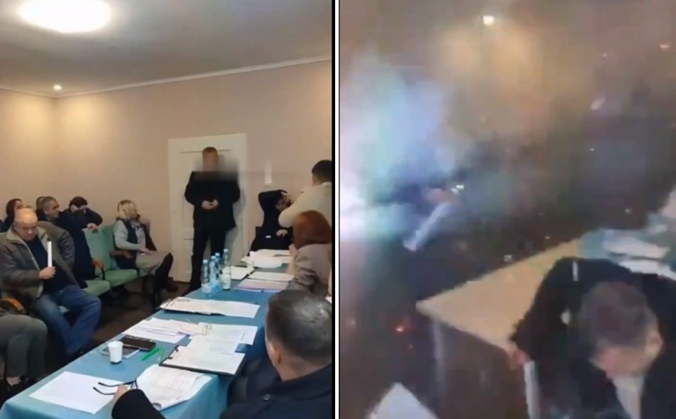 ВИДЕО Ужас во Украина, политичар фрли рачни бомби за време на состанок на локалната заедница!