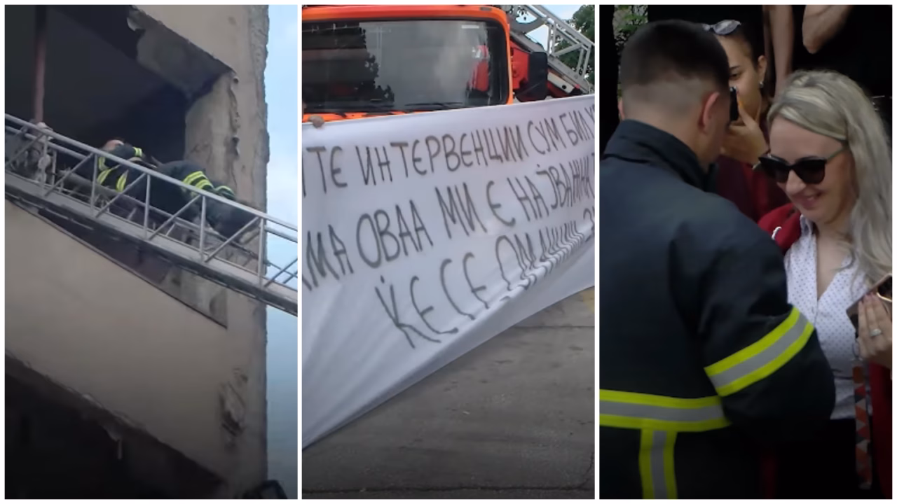 Романтичен момент на Денот на пожарникарите: Запросување среде показна вежба